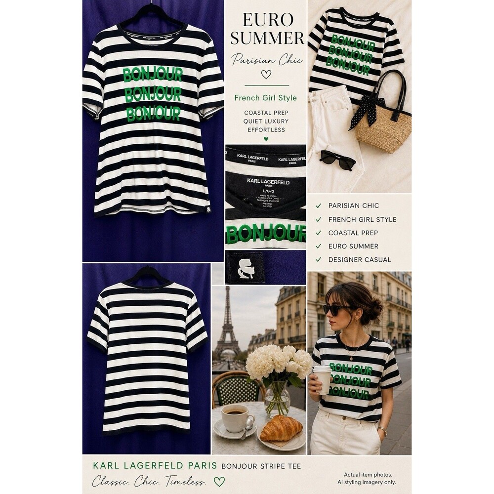 Karl Lagerfeld Paris Bonjour Stripe Tee French Girl Coastal Prep Euro Summer